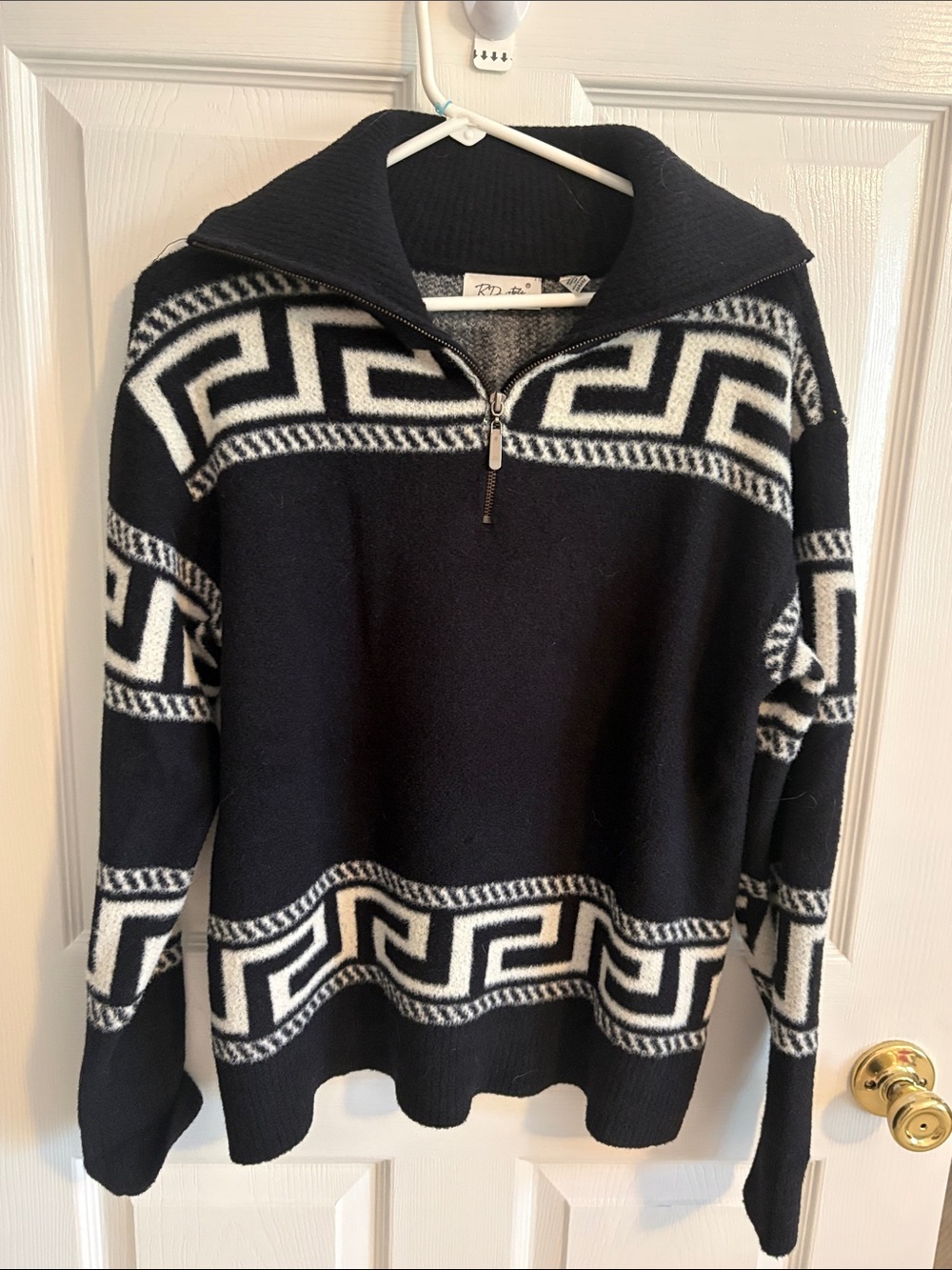 Vintage Black & White Patterned Quarter-Zip Sweater - Men